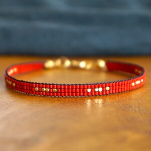 Red beaded bracelet - red Miyuki dainty beaded bracelet with square gold beads - boho style bracelet red -  red beadloom bracelet