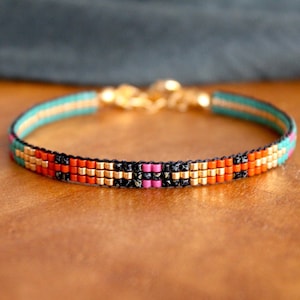Orange, green and pink Miyuki beaded bracelet - Miyuki bracelet - fine beaded bracelet gold - multicolor beaded bracelet - boho bracelet
