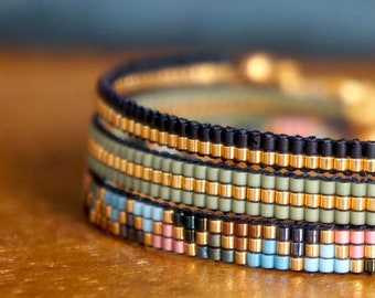 Beadloom bracelet set - Set of 3 Miyuki beaded bracelets gold green blue - beaded jewellery set - handmade armcandy