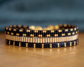 Black and gold bracelet set -beadloom bracelet set - set of 3 Miyuki beaded bracelets gold black - beaded jewellery set - miyuki bracelets