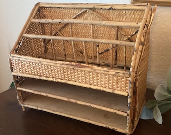 Bamboo and woven rattan desk organizer/letter holder/decorative shelf, vintage