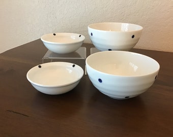 White porcelain bowls with cobalt blue dots set of 4