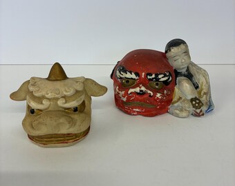 Pair of Japanese folk art figurines, vintage