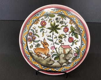 Vintage Portuguese Coimbra Ceramic trivet 6.5”, cork back folk art rabbit decorative table decor