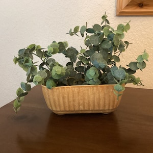 May include: A rectangular, tan ceramic planter with vertical ribbed detailing, filled with faux eucalyptus greenery. The planter sits on a dark brown wooden surface, with a light-colored wall in the background.