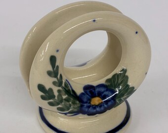 Polish pottery napkin holder in classic blue flowered pattern, vintage, artist signed