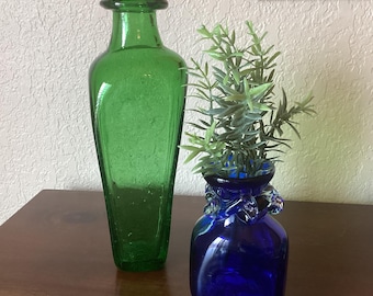 Blown glass vases, your choice, tall green, short cobalt, sold separately, vintage