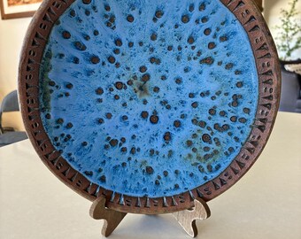 Studio art pottery plate, incised edge trim, artist signed