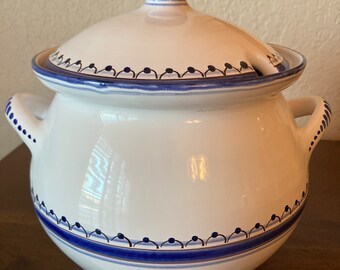 Hand painted round soup tureen with lid, cobalt blue on white ceramic, vintage