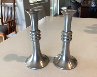 Italian pewter candlesticks, Brutalist modernist, handmade Brescia Peltro, vintage