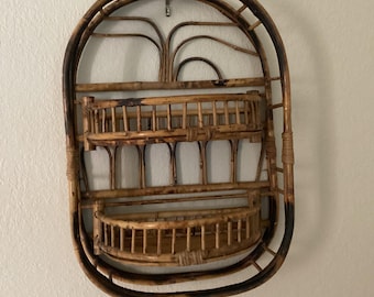 Bamboo wall shelf with 2 collapsible half moon shelves, vintage