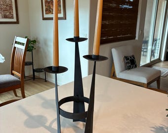 Brutalist modernist black iron candleholder, vintage