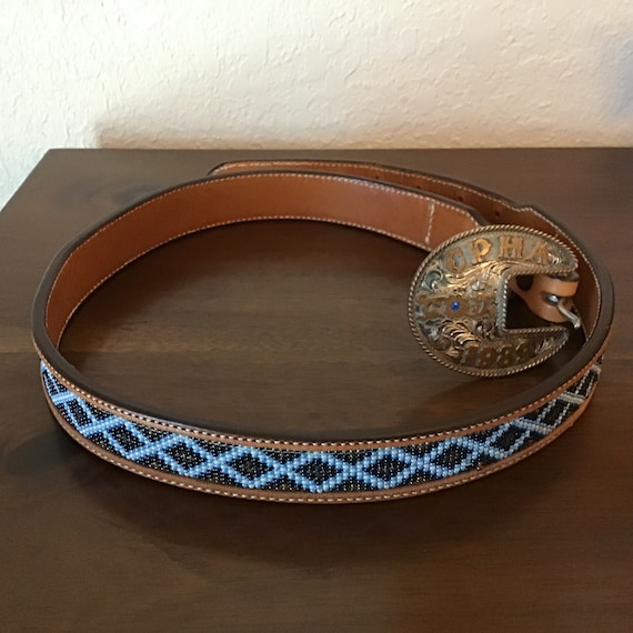 Vintage native hand beaded brown leather belt Tom H. Begay Hand Beaded Belt Navajo Native American Art  main image 2