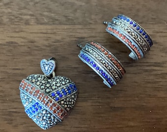 Vintage sterling silver marcasite lapis and garnet heart pendant and earrings, marked 925 HAN