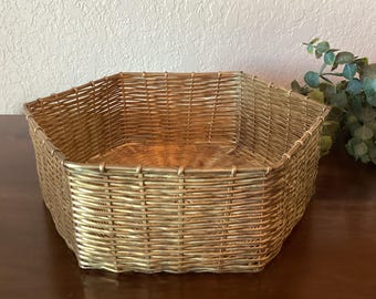 Brass woven basket, 10 1/2” hexagon, vintage, excellent
