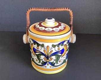 Vintage Erphila Czechoslovakia ceramic biscuit jar with rattan handle|Art Deco Majolica style lidded ice bucket