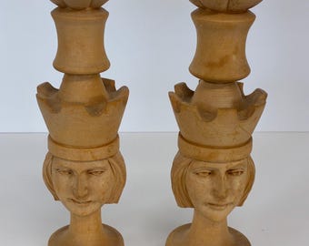 Wood hand-carved candleholders chessmen Rodrigo Ayala Ecuador, vintage