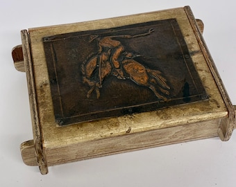 Mid-century California cowboy art copper repousse wooden trinket box
