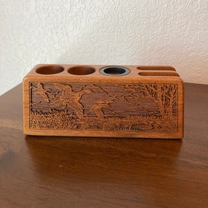 Walnut vintage desk organizer Lasercraft ducks landing on pond