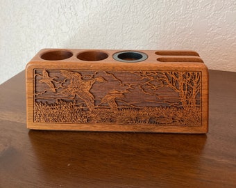 Walnut vintage desk organizer Lasercraft ducks landing on pond