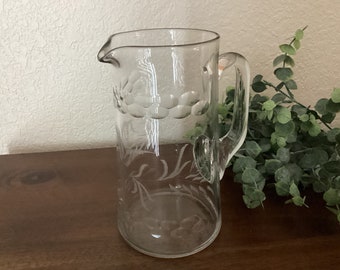 Glass pitcher with etched fern design and cut ovals, heavy, vintage