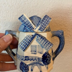 Danish windmill blue and white sugar bowl and lid made in Japan vintage image 9