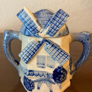 Danish windmill blue and white sugar bowl and lid made in Japan vintage image 1