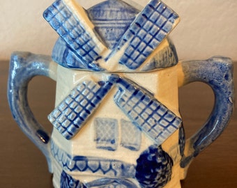 Danish windmill blue and white sugar bowl and lid made in Japan vintage