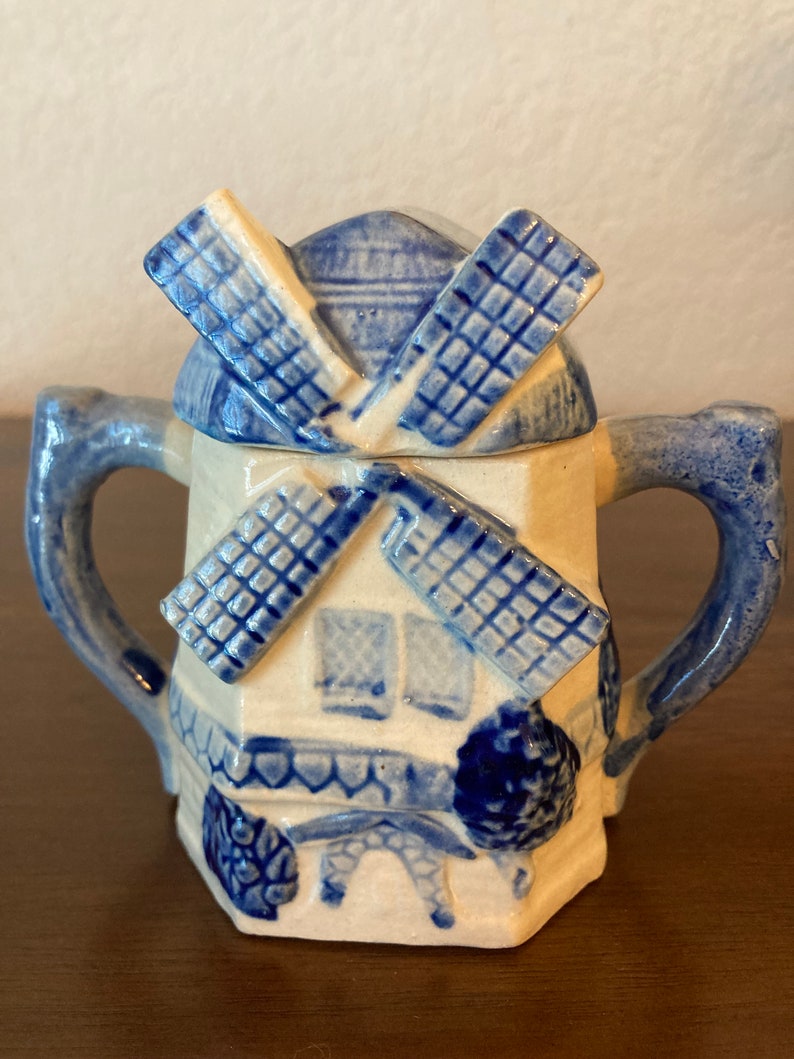Danish windmill blue and white sugar bowl and lid made in Japan vintage image 1