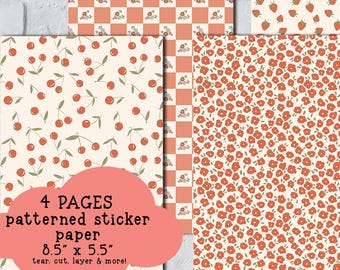 Garden Cherries Patterned Sticker Paper, Set of 4 Pages, 5.5" x 8.5" A5, Junk Journal Paper