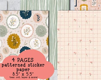 Floral Frames Patterned Sticker Paper, Set of 4 Pages, 5.5" x 8.5" A5, Junk Journal Paper