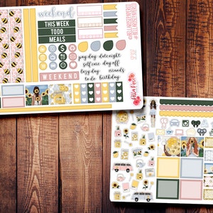 May include: A set of planner stickers with a yellow, pink, and green color scheme. The stickers feature bees, sunflowers, and a van. The text on the stickers includes "This Week Todo Meals", "Weekend", "Pay Day", "Date Night", "Self Care Day Off", "Errands", "Lazy Day", "To Do", and "Birthday".