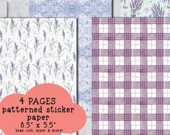 Spring Lavender Patterned Sticker Paper, Junk Journaling, Set of 4 (A5 5.5" x 8.5")