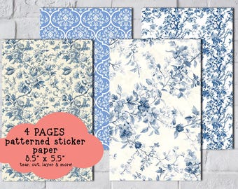 Blue Toile Patterned Sticker Paper, Junk Journaling, Set of 4 (A5 5.5" x 8.5")