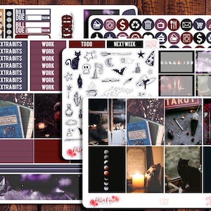 May include: A set of printable planner stickers with a spooky Halloween theme. The stickers feature a black cat, a cauldron, a witch's hat, a book, a moon, and a psychic sign. The stickers are printed on white paper and are perfect for adding a touch of Halloween fun to your planner.
