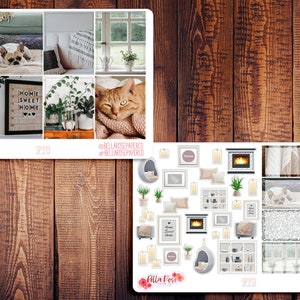 May include: A set of planner stickers featuring a cozy home theme. The stickers include images of a fireplace, a cat, a dog, a coffee cup, a window, a plant, and a sign that says "Home Sweet Home".