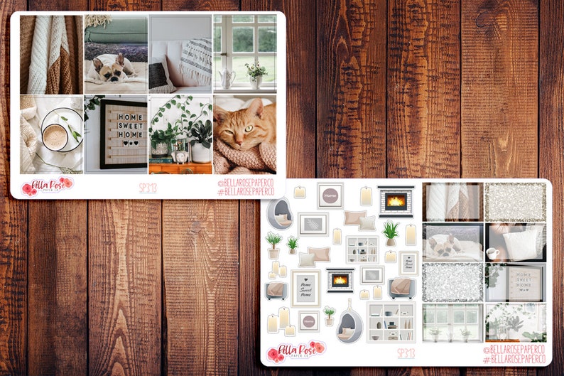 May include: A set of planner stickers featuring a cozy home theme. The stickers include images of a fireplace, a cat, a dog, a coffee cup, a window, a plant, and a sign that says "Home Sweet Home".
