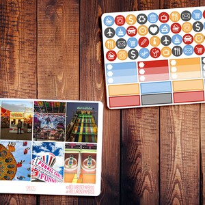 May include: A set of colorful stickers with various icons, including a shopping cart, a heart, a plane, a car, a house, a dollar sign, and a recycling symbol. The stickers are arranged in a grid pattern on a white background. The text "BELLAROSE PAPERCO" and "#BELLAROSEPAPERCO" are printed on the bottom of the sticker sheet. The stickers are perfect for adding a touch of personality to planners, journals, and other paper goods.
