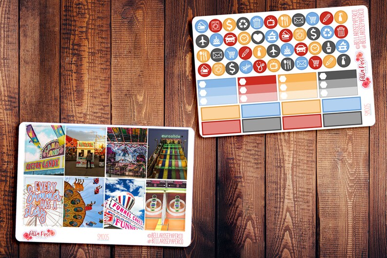 May include: A set of colorful stickers with various icons, including a shopping cart, a heart, a plane, a car, a house, a dollar sign, and a recycling symbol. The stickers are arranged in a grid pattern on a white background. The text "BELLAROSE PAPERCO" and "#BELLAROSEPAPERCO" are printed on the bottom of the sticker sheet. The stickers are perfect for adding a touch of personality to planners, journals, and other paper goods.