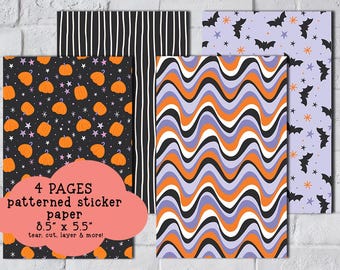 Cute Halloween Sticker Paper, Junk Journaling, Halloween Scrapbooking Paper (Set of 4 A5 5.5" x 8.5" Sheets)