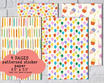 Birthday Party Sticker Paper, Junk Journaling, Spring Scrapbooking Paper (Set of 4 A5 5.5" x 8.5" Sheets)