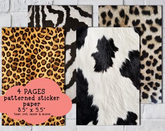 Animal Print Patterned Sticker Paper, Junk Journaling, Set of 4 (A5 5.5" x 8.5")