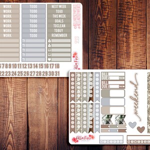 May include: A set of planner stickers with a neutral color palette of brown, beige, and gray. The stickers feature various text elements, including "Extra bits", "Work", "Todo", "Next Week", "To Go", "This Week", "Goals", "To Clean", "To Buy", "Remember", "Bill Dues", "Weekend", "Monday", "Tuesday", "Wednesday", "Thursday", "Friday", "Saturday", and "Sunday". The stickers also include numbers 1 through 31, hearts, and a few decorative elements.