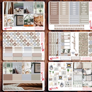 May include: A set of planner stickers with a cozy home theme. The stickers feature images of a cat, a fireplace, a coffee cup, and a blanket. The stickers are in shades of brown, gray, and white.