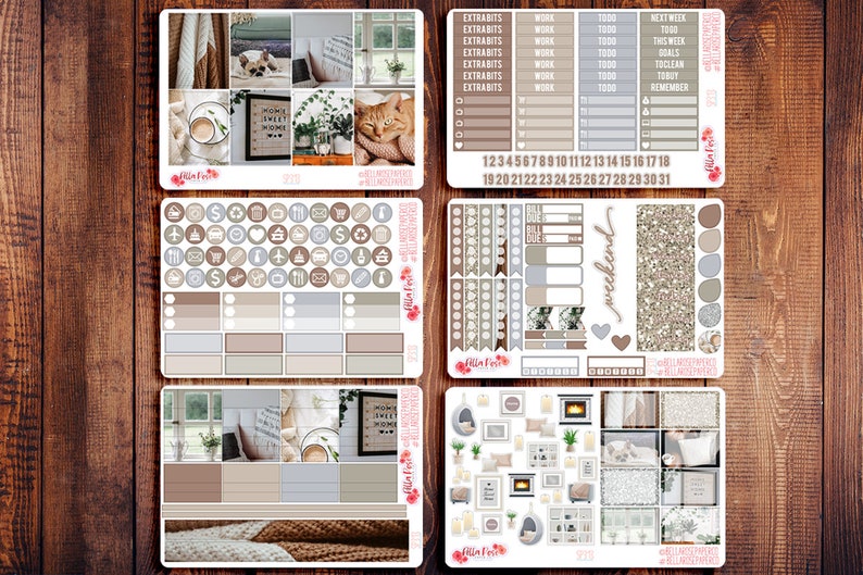 May include: A set of planner stickers with a cozy home theme. The stickers feature images of a cat, a fireplace, a coffee cup, and a blanket. The stickers are in shades of brown, gray, and white.