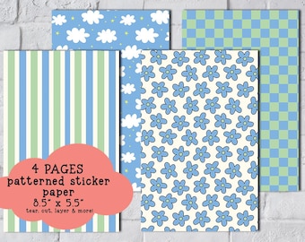 Blue Skies Patterned Sticker Paper, Cute Junk Journaling, Set of 4 (A5 5.5" x 8.5")