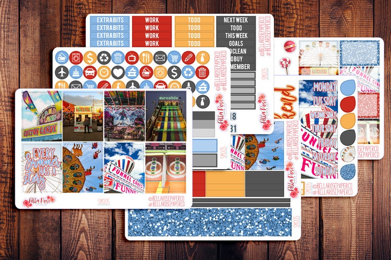 May include: A set of colorful planner stickers featuring a carnival theme. The stickers include images of Ferris wheels, cotton candy, and carnival games. The stickers also include text such as "Funnel Cake" and "Every Carnival Has a Story".