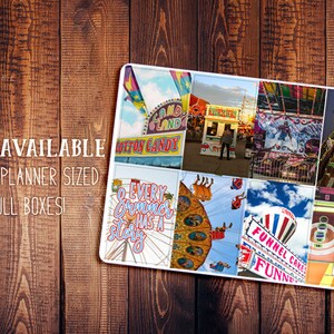 May include: A sheet of colorful stickers featuring images of a carnival, including a Ferris wheel, a roller coaster, a cotton candy stand, and a game booth. The stickers are designed for use in a Happy Planner.