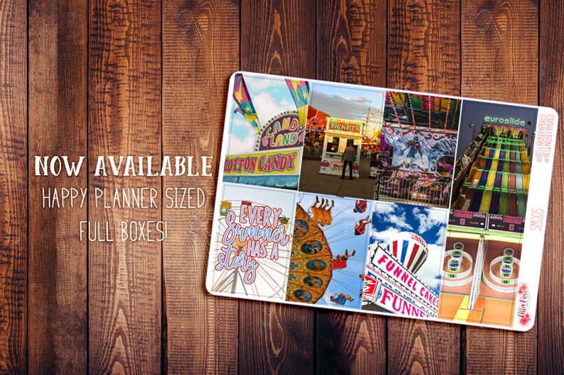 May include: A sheet of colorful stickers featuring images of a carnival, including a Ferris wheel, a roller coaster, a cotton candy stand, and a game booth. The stickers are designed for use in a Happy Planner.