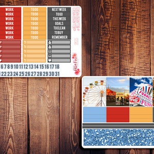 May include: A set of printable planner stickers with a carnival theme. The stickers feature a Ferris wheel, a funnel cake stand, a carousel, and a blue glitter background. The stickers also include a calendar with the numbers 1 through 31, and a list of tasks such as "Work", "Todo", and "Next Week".